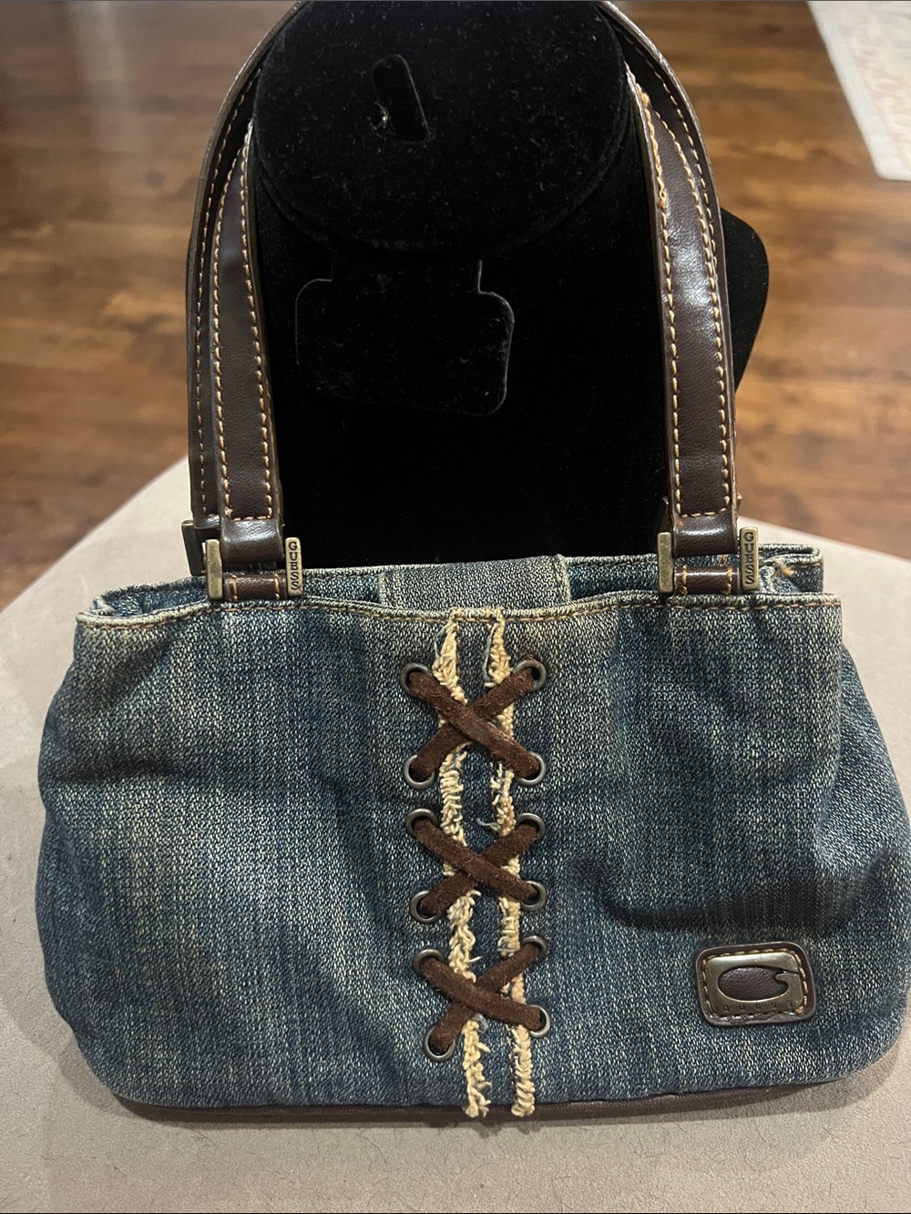 Guess Y2K vintage Denim Shoulder Bag with Brown Leather Trim